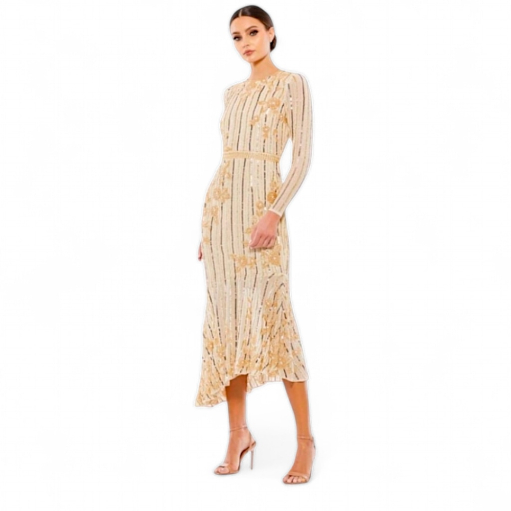 Mac Duggal Floral Gold and Cream Maxi Dress